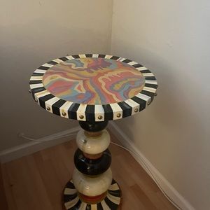 Mackenzie Childs beautifully designed accent table. Stands 27” high top 16x16”